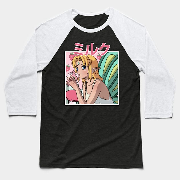 Fairycore Aesthetic Fairy Drinking Strawberry Milk Baseball T-Shirt by Alex21